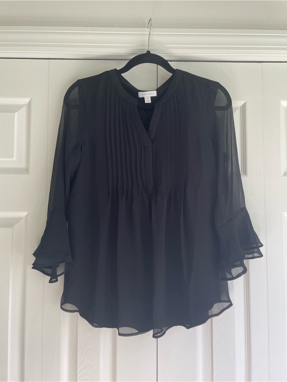 Charter Club Black Pleated Ruffle-Sleeve Blouse